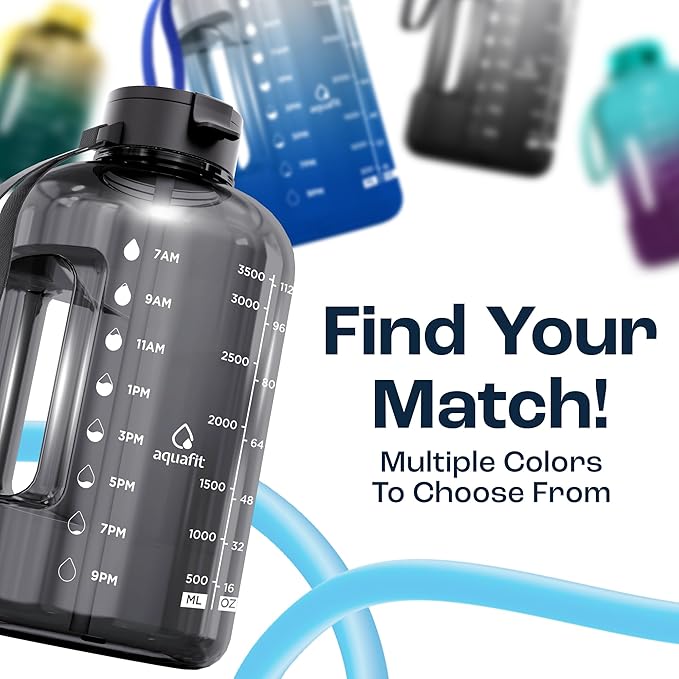 AQUAFIT 1 Gallon Water Bottle with Time Marker - Straw & Chug Lid - BPA Free Gym Water Bottle with Straw - Big Gallon Jug (Aqua, 128 oz - 2 Lids)