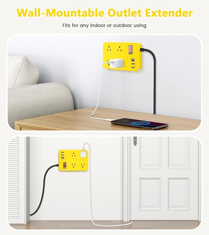 Outdoor Power Strip Weatherproof,Fast Charging Station 20W USB C,Waterproof Surge Protector 4 Outlets, Multi Outlet Extension for Camping, Garden, Kitchen,Bathroom,Flat Plug (Yellow, 25 FT Cable)