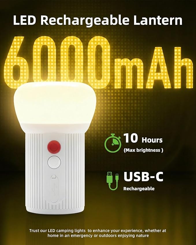 LED Rechargeable Camping Lantern with Hook - 6000mAh Emergency Outdoor Camping Lights, IPX5 Water Resistant Portable Tent Lights for Camping Hiking, Backpacking, Fishing, Outages (White)