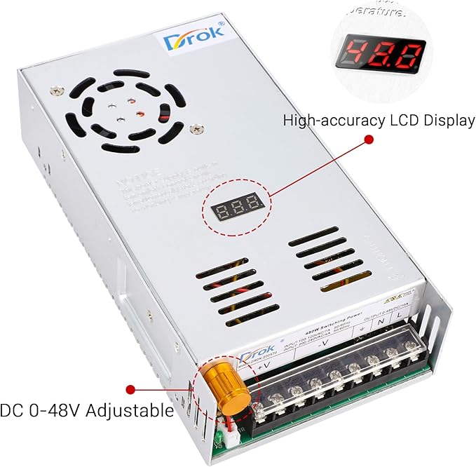 DROK 48V Power Supply, AC to DC Converter 0-48V 10A 480W Variable Power Supply, AC to DC Adapter Low Voltage Transformer for Landscape Lights LED Adapter Lab CCTV