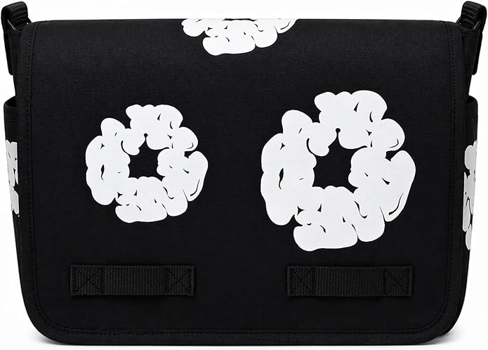 Floral Graphic Printed Messenger Bag Cotton Canvas Crossbody Shoulder Satchel, Black