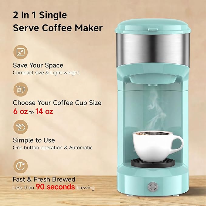 Single Serve Coffee Maker, 2 in 1 Brewer for K Pod & Ground Coffee, 90s Rapid Brew 6 to 14oz Capacities with Auto Shut Off, Small Compact Design for Home Office Travel Camping-Green