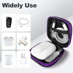 Square Earbud Case Portable EVA Carrying Case Storage Bag Cell Phone Accessories Organizer with Carabiner for Earphone, Earbud, Earpieces, SD Memory Card, Camera Chips, Tech Pouch, Purple