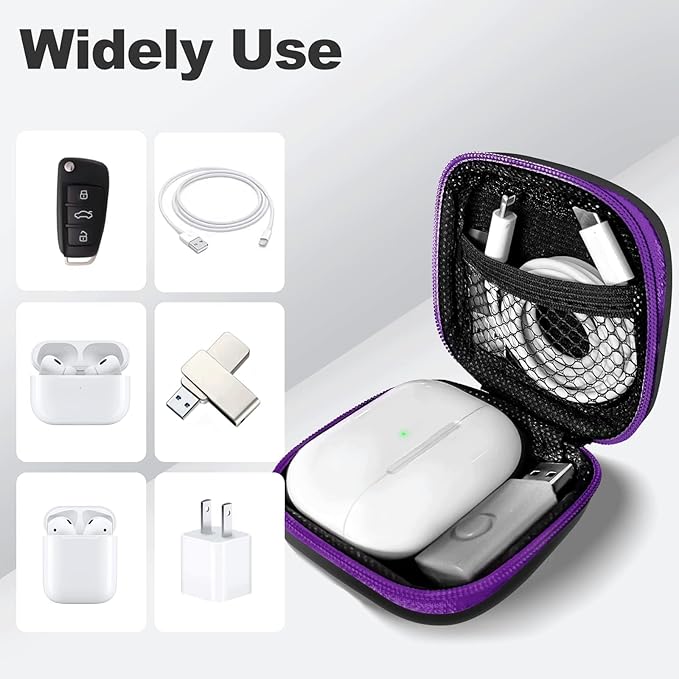 Square Earbud Case Portable EVA Carrying Case Storage Bag Cell Phone Accessories Organizer with Carabiner for Earphone, Earbud, Earpieces, SD Memory Card, Camera Chips, Tech Pouch, Purple