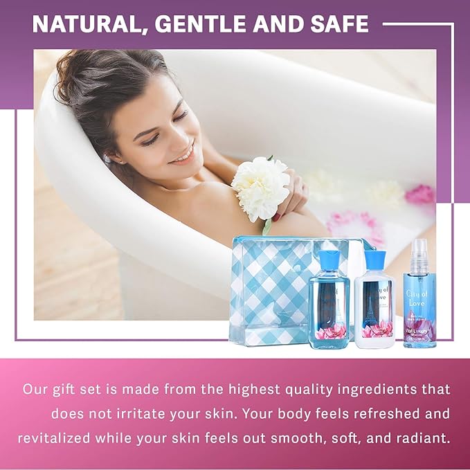 Bath and Body Gift Set for Women & Girls, City of Love Spa Set, Personal Self Care Travel Kit, 3PCS Set with Shower Gel, Body Lotion, Body Mist - Mother's Day Birthday Gifts for Her
