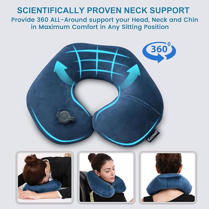 Keemall Travel Neck Pillow for Airplane, Compact Inflatable Neck Pillow for Traveling Long Flights, Adjust Firmness Neck Suport Pillow for Sleeping Plane Head Rest for Travel Accessories,Deep Blue