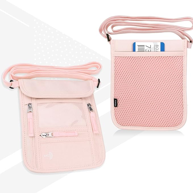 WALNEW Passport Holder Neck Pouch Travel Wallet for Women and Men, RFID Blocking Security Slim Traveling Wallet with Around Neck Lanyard Strap, Pink
