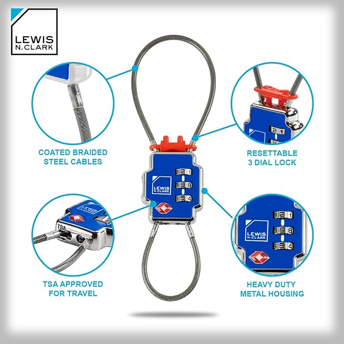 Lewis N Clark 3X Security Lock TSA Luggage Locks for Suitcases, Carry On, Laptop Bag, Set Combo to Create Secure Padlock for Travel, Vacation, Business, or Backpacking, Blue, 1 Pack