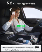 Rocoren 70W Car Charger for iPhone 17 Pro Max, USB C Car Charger Fast Charging with 5.2Ft Type C Coiled Cable, Super Fast USBC Phone Cigarette Lighter Adapter for iPhone 17/16/15, iPad,Samsung,Android