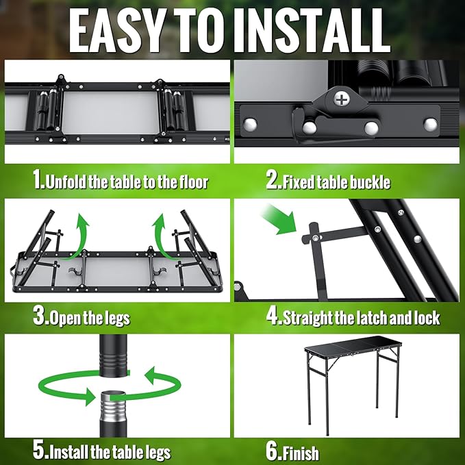 GARLLEN Folding Camping Table, 3 Adjustable Height Lightweight Folding Picnic Table, Aluminum Portable Foldable Outdoor Table for Grill, Camping, Grill, Threaded Install, 35.4" L x 15.7" W, Black