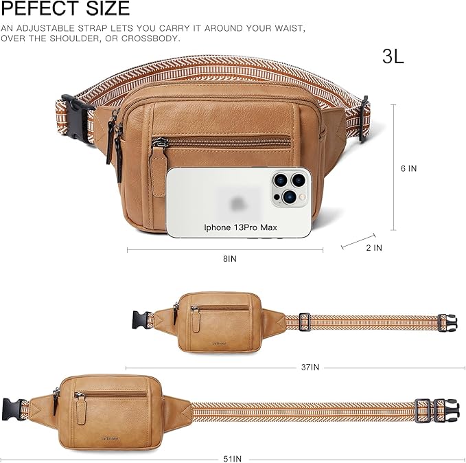 LATMAP 3L TRIPLE ZIP Fanny Packs Belt Bag For Women Men Crossbody Waist Pack Sling Chest Bum Travel Bag Purse Faux Leather Fashion Cute Tan