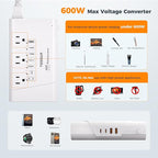 TESSAN 600W Pure Sine Wave 220V to 110V Voltage Converter US to Europe, Universal Travel Adapter with 4 USB Ports PD 35W QC 30W, EU/UK/AU/IT/India Plug Adaptor, Step Down Transformer Power Converters