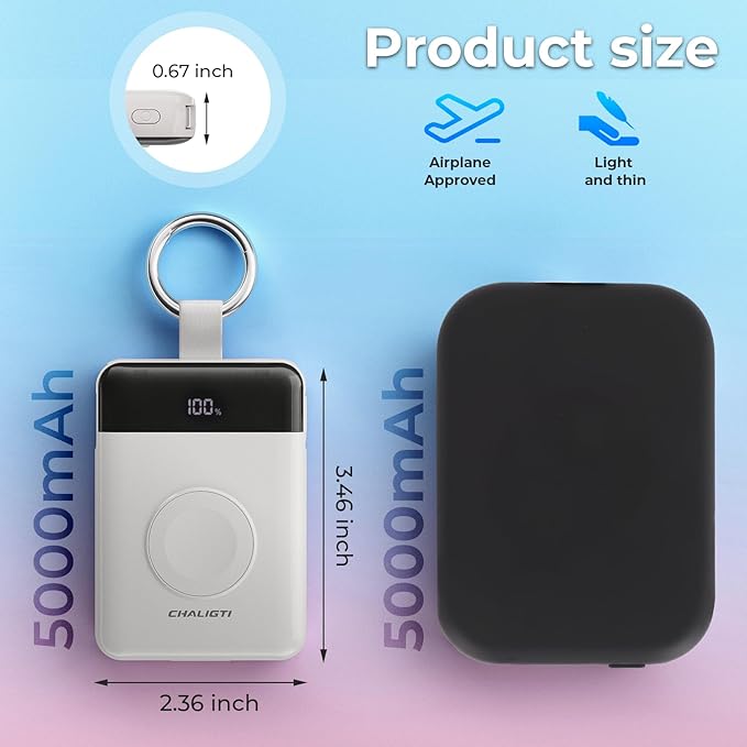 Portable Charger,5000mAh PD 20W Super Fast Charging Power Bank with Built-in Cables,Travel Keychain Battery Pack for Apple Watch Ultra/11/10/9/8/7/6/SE,iPhone 17/16/15/14/13/12 (White)