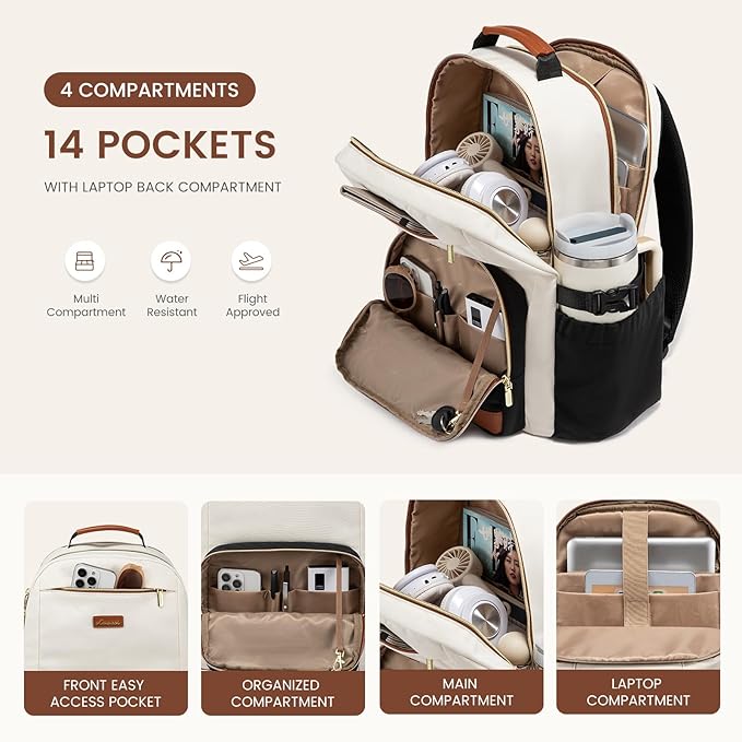 LOVEVOOK Laptop Backpack for Women with Pouch Pocket for Large Capacity Cup,17 Inch Teacher Nurse College Work Backpack Purse,Waterproof Laptop Bag Computer Back Pack for Travel, Khaki-Coffee-Black