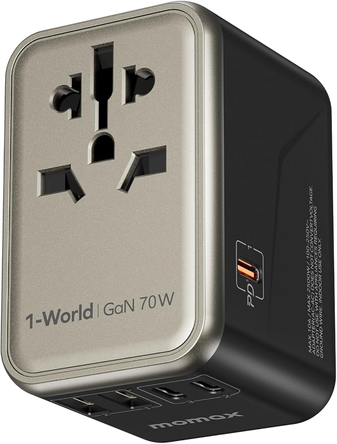 MOMAX Universal Travel Adapter 70W GaN, 3 USB-C PD & 2 USB-A QC, International Power Adapter Outlet, 6-in-1 Wall Charger for Laptop, Phone, European Travel Plug Adapter for UK/US/AUS/JP