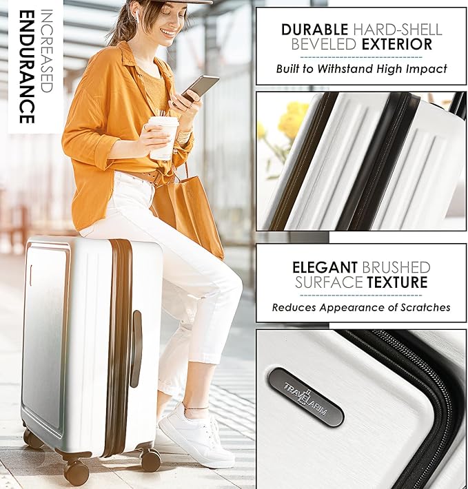 TRAVELARIM White Hardshell Luggage Sets 4 Piece, Durable Suitcase Set, Travel Luggage Set with Integrated TSA Lock, 360° Spinner Wheels, Expandable Medium and Large Checked Suitcase, 20/24/28 Inch