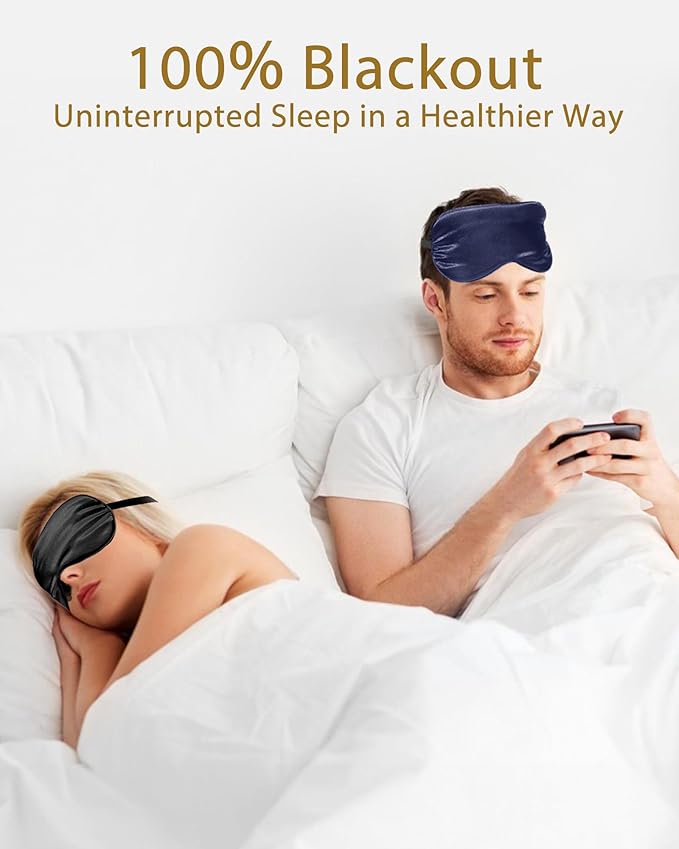 4 Pack Silky Sleep Masks for Women Men, JroyJoy 100% Blackout and Super Soft for Sleeping with Adjustable Strap, Satin Eye Mask for Side Sleeper, Travel Eye Covers (005 Black*2 pcs & Blue*2 pcs)