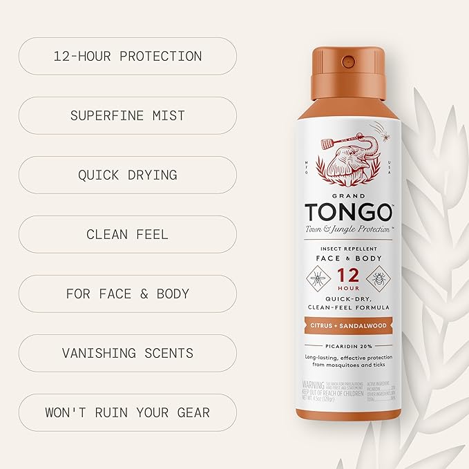 Grand Tongo DEET-Free Insect Repellent with Picaridin, The 12 Hour Protection, DEET Alternative - Citrus + Sandalwood