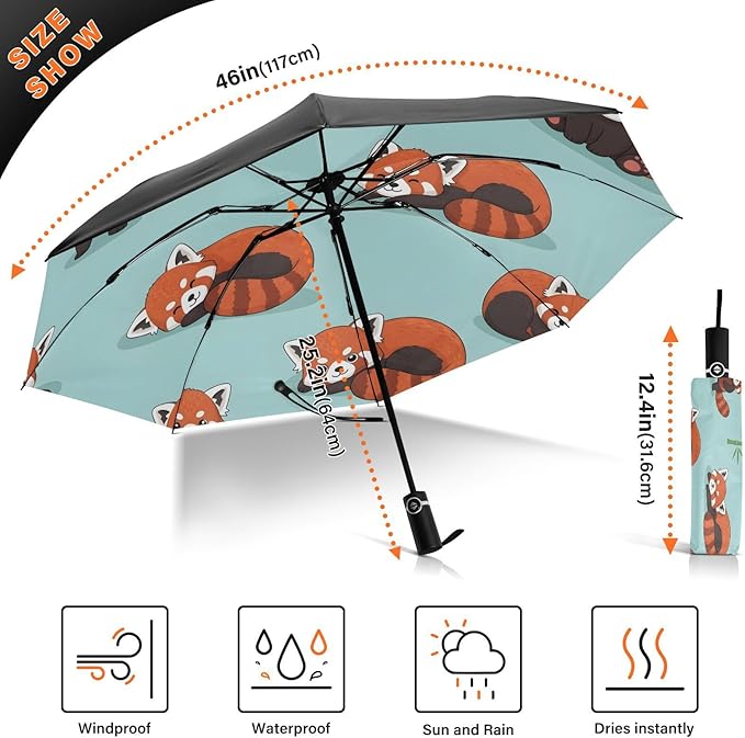 Cute Red Panda Pattern Folding Umbrella Compact Travel Automatic Open Close Sun UV Protection Reverse Inverted Umbrella for Rain Women Men Outsid