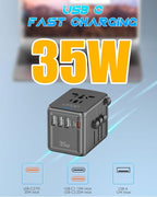 Universal Travel Adapter with 35W USB-C PD Fast Charging, 5 USB C/A Ports, 2500W AC Outlet, International Power Adapter for Europe UK Japan, Worldwide Plug Adapter for 200+ Countries Travel Essentials