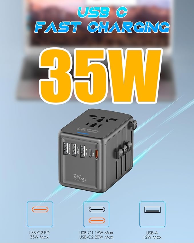 Universal Travel Adapter with 35W USB-C PD Fast Charging, 5 USB C/A Ports, 2500W AC Outlet, International Power Adapter for Europe UK Japan, Worldwide Plug Adapter for 200+ Countries Travel Essentials