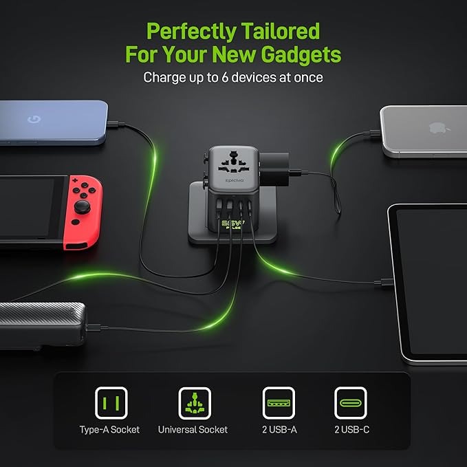 Epicka Pulse Duo 65W Universal Travel Adapter, International Power Adapter with PD & QC 3.0 Fast Charging for 2 Devices Simultaneously, European Travel Plug Adapter, Travel Essentials (Black)