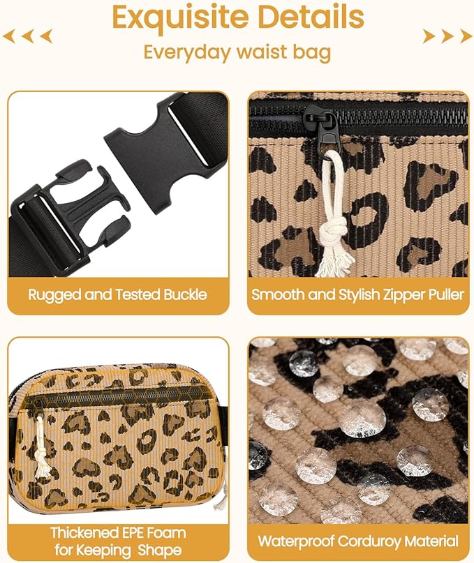 Vankor Cute Leopard Fanny Packs for Women Cross Body Corduroy, Leopard Belt Bag for Women Crossbody Stylish Waist Pack Purse for Travel, Hiking, Workout, Running
