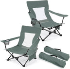 Joyfair Beach Camping Chair (2 Pack), Outdoor Folding Lawn Chair for Adults, Heavy Duty Portable Chair with Armrest for Outside Fishing, Sport, Patio, Cup Holder & Storage Pocket, Carry Bag (Grey)