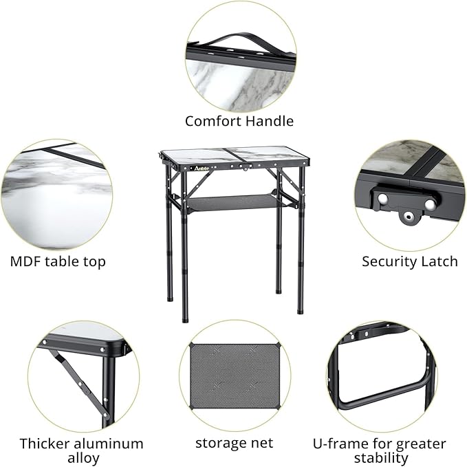 Anbte Folding Camping Table with Storage Net, 3 Adjustable Height Max 27.5" Aluminum Small Folding Table, Portable Table with Carry Handle, Lightweight, for Outdoor Indoor Travel Camping Picnic