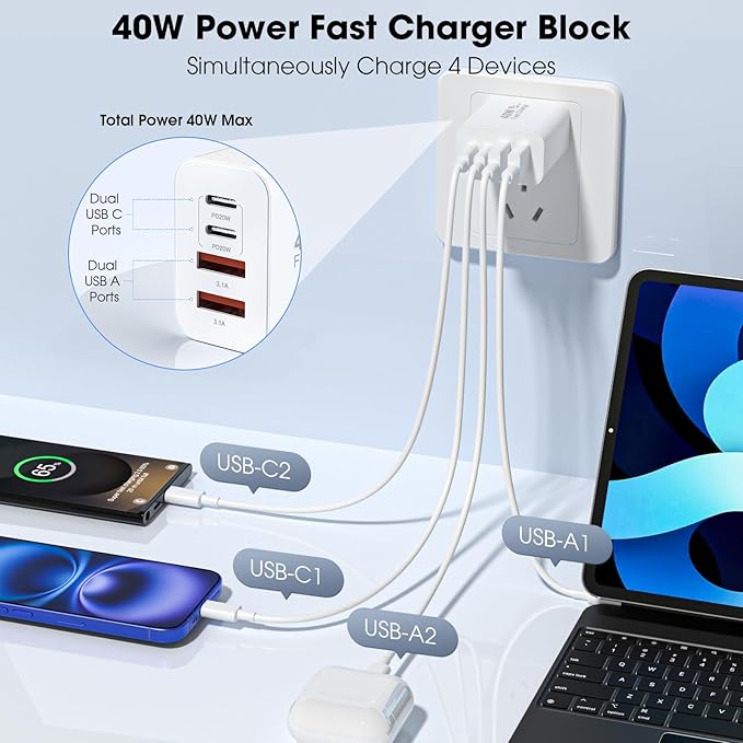 USB C Charger Block, 2 Pack 40W 4-Port iPhone Charger Fast Charging Multiport PD 3.0 & QC 4.0 Double Quick Charge, Compatible with iPhone 17/16/15/14/13/12/11，Pro Max，iPad, Samsung (2, Ivory White)
