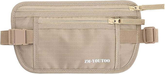 ZM-YOUTOO Money Belt for Travel - Hidden Travel Pouch Protect Your Credit and Money With RFID Blocking Passport Holder Waist Wallet (Khaki)