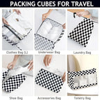 KPX 8 Set Packing Cubes for Travel, Luggage Packing Organizers Accessories Large Toiletries Bag for Clothes Shoes Cosmetics (8Set-Black Checkered)