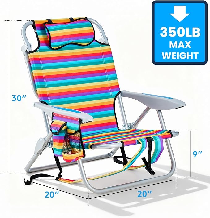 2 Pack Lightweight Portable Camping Beach Chair for Adult, Outdoor Lay Flat Folding Beach Chairs with 5 Position, Backpack Beach Chair with Towel Bar, Zipper Pouch, Cup Holder, Rainbow Striped