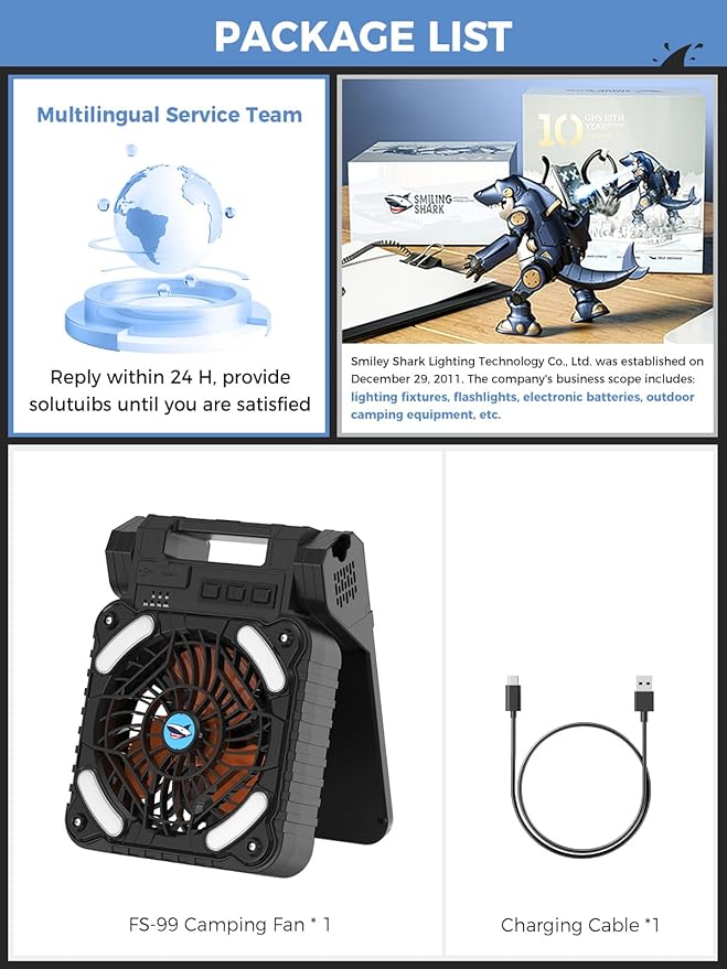 Smiling Shark Camping Fan with LED Lantern, USB Rechargeable Solar Camp Fan with 4 Speeds Powerful Wind & 3 Timer 90° Foldable Cordless Portable Tent Fan for Camping Fishing Hiking