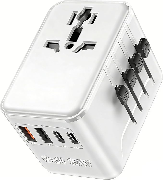 Universal Power Adapter Travel - European Travel Plug Adapter with 3 USB-C PD Fast Charging & 2 USB-A, 1 AC, Worldwide Travel Essentials, International Plug Adapter for UK/US/AU/ID, White
