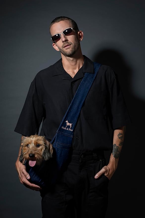 Noah & Paw Dog Sling Carrier for Small Dogs 5-18lb, Dog Sling for Small Dogs and Cats, Dog Carrier with Adjustable Padded Strap, Premium Denim, Lined with Fur, Double Safety Feature, Machine Washable
