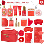 25 Pcs Mother's Day Gift, Red Rose Bath & Body Gift Basket Set for Women, Hydrating Skin Care Set, Home Spa Self Care Gifts, Cosmetic Bag, Necklace, Christmas, Birthday, Anniversary