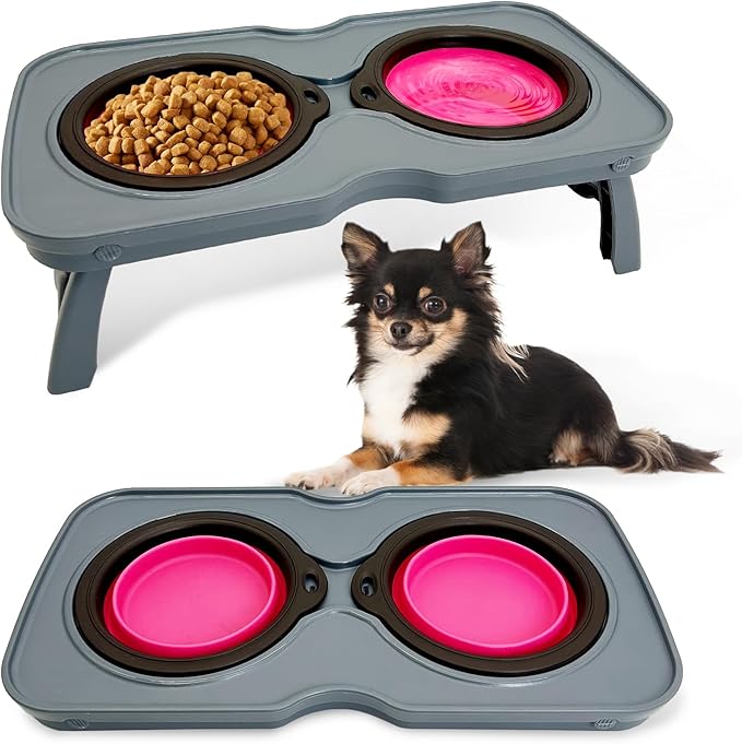 PINVNBY Elevated Dog Bowls Portable Raised Dog Bowl Stand with 2 Collapsible Silicone Food Bowl Non-Slip Travel Bowls for Small Dogs and Cats (14.6" L x 3.9" W x 3.9" H)