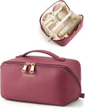 BAGSMART Makeup Bag Travel Cosmetic Bag, Large Make Up Bag Flat Open Toiletry Bag for Women, PU Leather Travel Essentials Organizer Case, Wide-open Pouch Purse for Skincare, Brushes, Burgundy