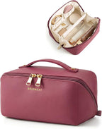 BAGSMART Makeup Bag Travel Cosmetic Bag, Large Make Up Bag Flat Open Toiletry Bag for Women, PU Leather Travel Essentials Organizer Case, Wide-open Pouch Purse for Skincare, Brushes, Burgundy