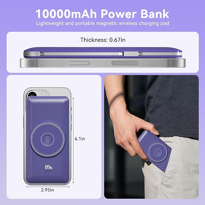 Magnetic 10000mAh Portable Charger for iWatch & iPhone, PD Fast Charging Wireless Power Bank Built-in Cables and Wall Plug, External Travel Battery Pack Compatible with iOS Android Phones