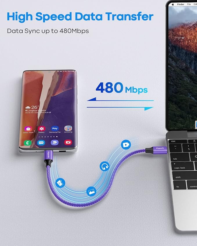 etguuds Purple USB C to USB C Cable 1ft, 2-Pack 60W USBC to USBC Cord, Type C to C Charger Cable Fast Charging for iPhone 17 16 15 Pro Max Plus Air, Samsung Galaxy S25 S24 S23, for MacBook/iPad, Pixel