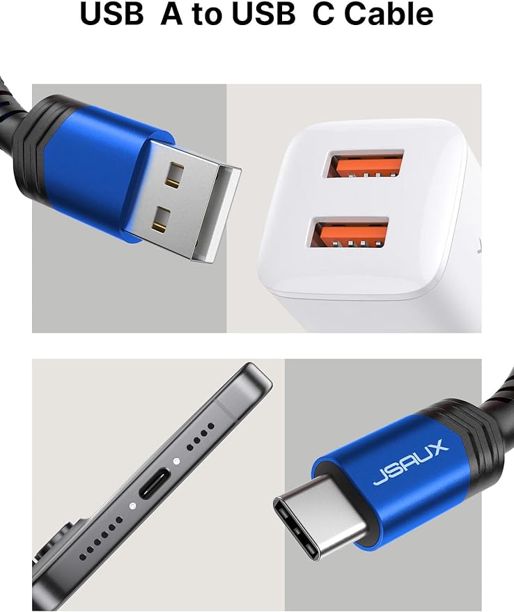 JSAUX USB C Cable Fast Charging 3-Pack(10ft+6.6ft+3.3ft), USB A to Type C Charger Cord for iPhone 17/17e/17 Pro/17 Pro Max, iPhone 16/16 Pro/16 Pro Max, Samsung Galaxy S23 S22 S20, USB C Charger(Blue)