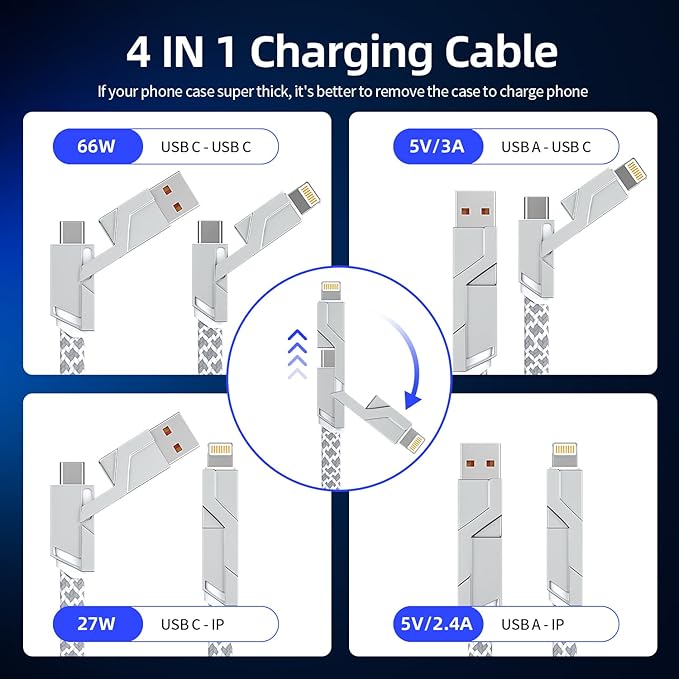 4 in 1 Charging Cable 5FT -MAX 66W Fast Charging Multi Charging Cable for All Devices, USB A/C to C/Lightning Cable Multiple iPhone Charger Cord for iPhone 16/15/14/13/iPad/Android/Tablets and More