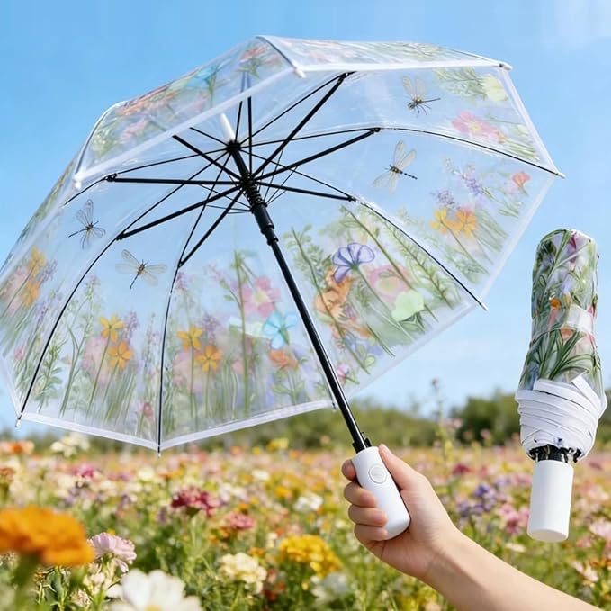 Chesoon Clear Folding Umbrella with Windproof Surface Automatic Opened Compact Design 8 Fiberglass Ribs for Girls/Women