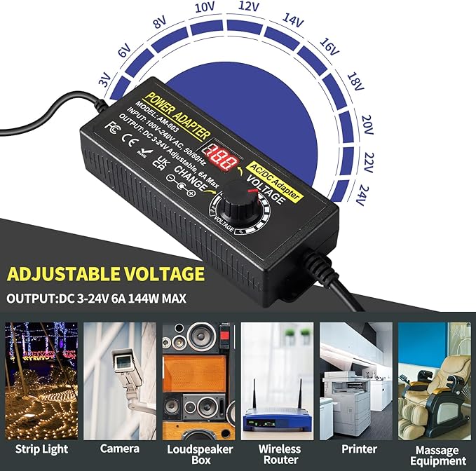 3V~24V 6A 144W Adjustable Power Supply 3V 5V 6V 9V 10V 12V 15V 18V 20V 24V Universal Variable Switching Power AC/DC Adapter,100V-240V AC to DC Converter with 14 Tips & Polarity Converter & 3Test Leads