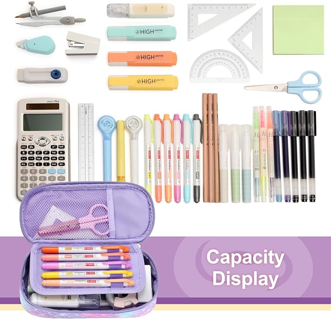 Bagseri 2pcs Clear Backpack for Girls - 15 Inch School Bag with Matching Pencil Case, Heavy Duty Transparent Bookbag for Kindergarten to Grade 2, Fits Folders, Purple Mermaid
