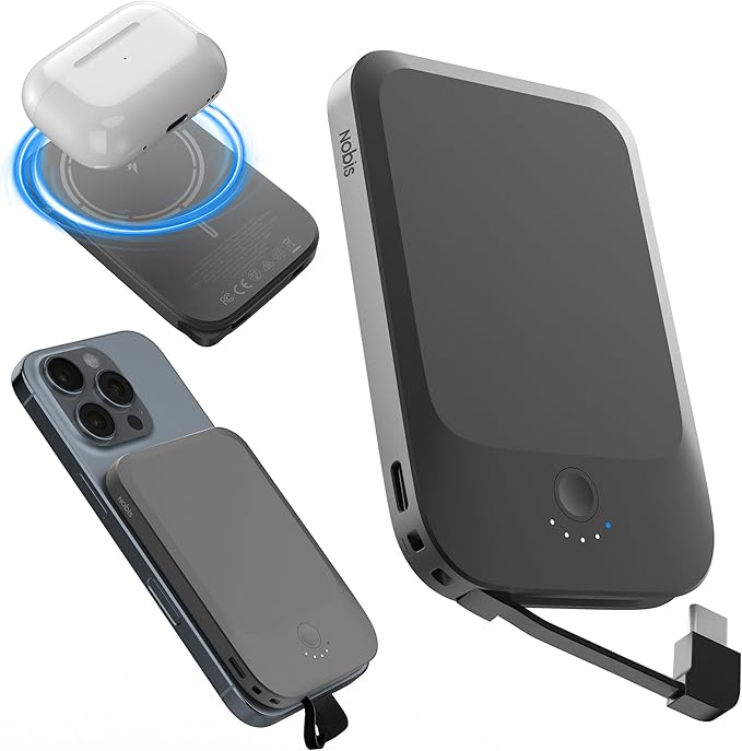 NOBIS Slim Magnetic Power Bank 5000mAh with Built-in Cable Wireless Portable Charger QC 3.0 22.5W PD Fast Charging USB C in/Out, for MagSafe Battery Pack for Phone 16 Android (Black)