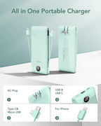 VEGER Portable Charger with Built-in AC Plug and Cables, All in One 10000mAh Ultra Slim Power Bank Travel Essentials, Fast Charging Battery Pack Compatible with iPhone, Samsung, Android (Green)