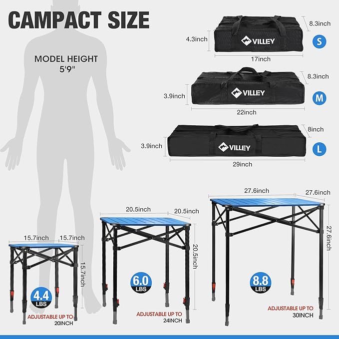 VILLEY Folding Camping Square Table with Carry Bag, Lightweight Aluminum Adjustable Square Table for Outdoor, Camping, Picnic, Backyards, BBQ, Medium